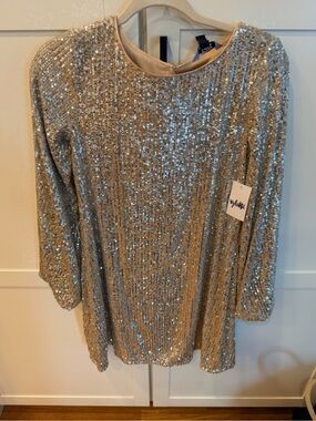 Sequin Long Sleeve Shift Dress in Silver - W118 by W118